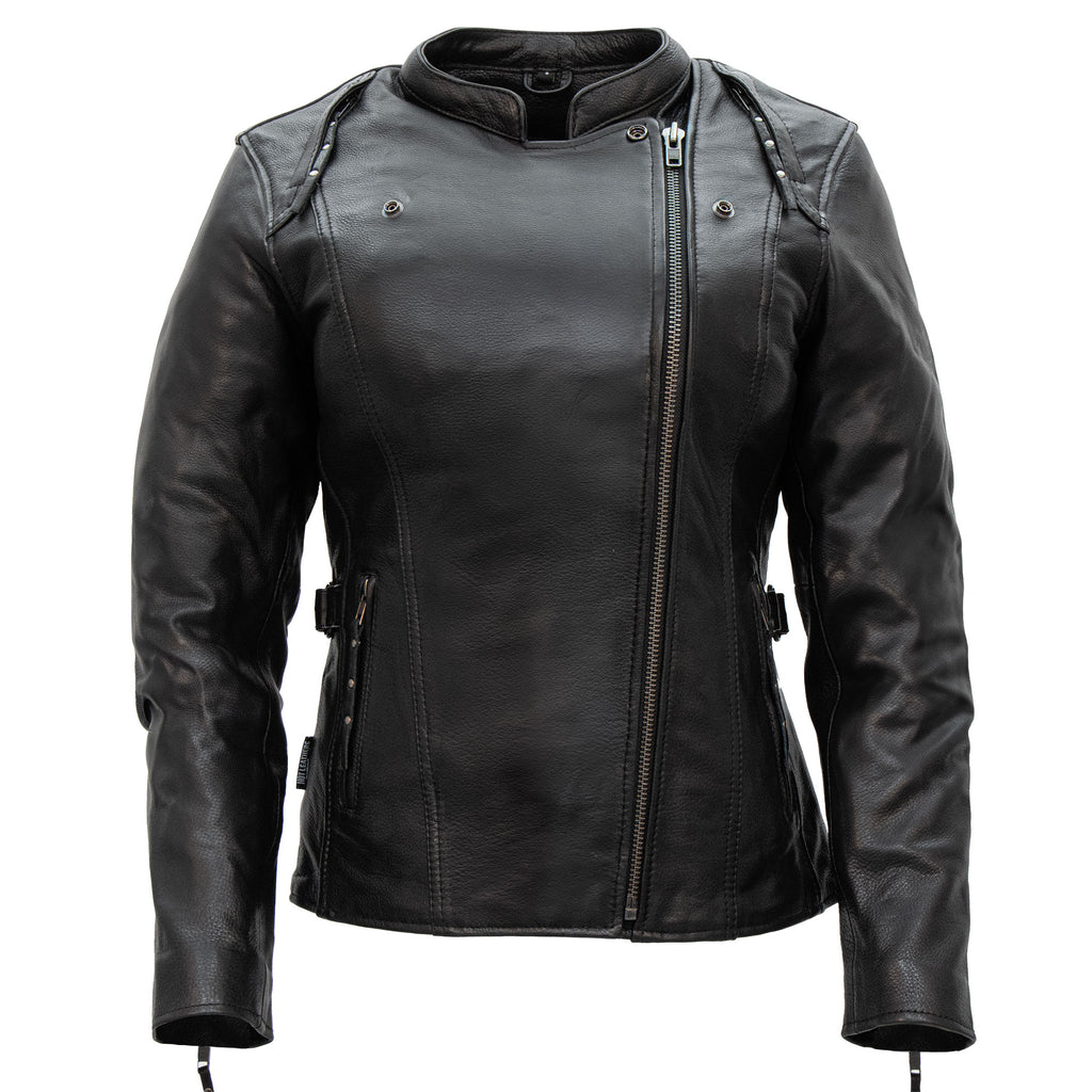 Hot Leathers JKL1032 Ladies Motorcycle Black Leather Biker Jacket with Vented Side Snaps