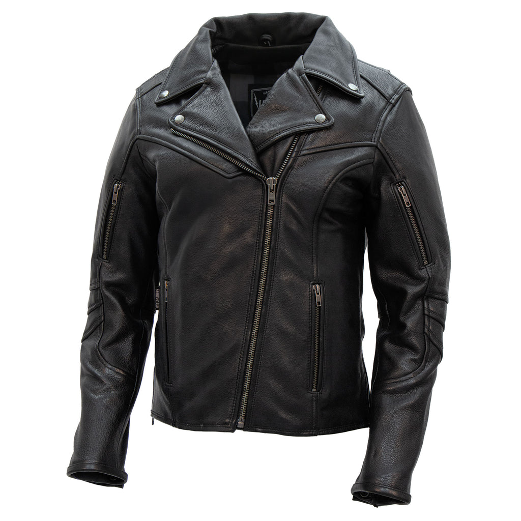 Hot Leathers JKL1034 Ladies Biker Black Leather Motorcycle Jacket with Plaid Flannel Lining