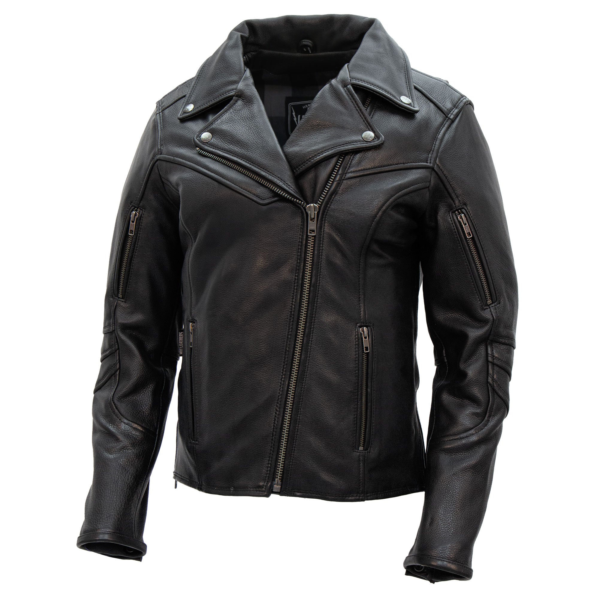 Hot Leathers JKL1034 Ladies Biker Black Leather Motorcycle Jacket with Plaid Flannel Lining