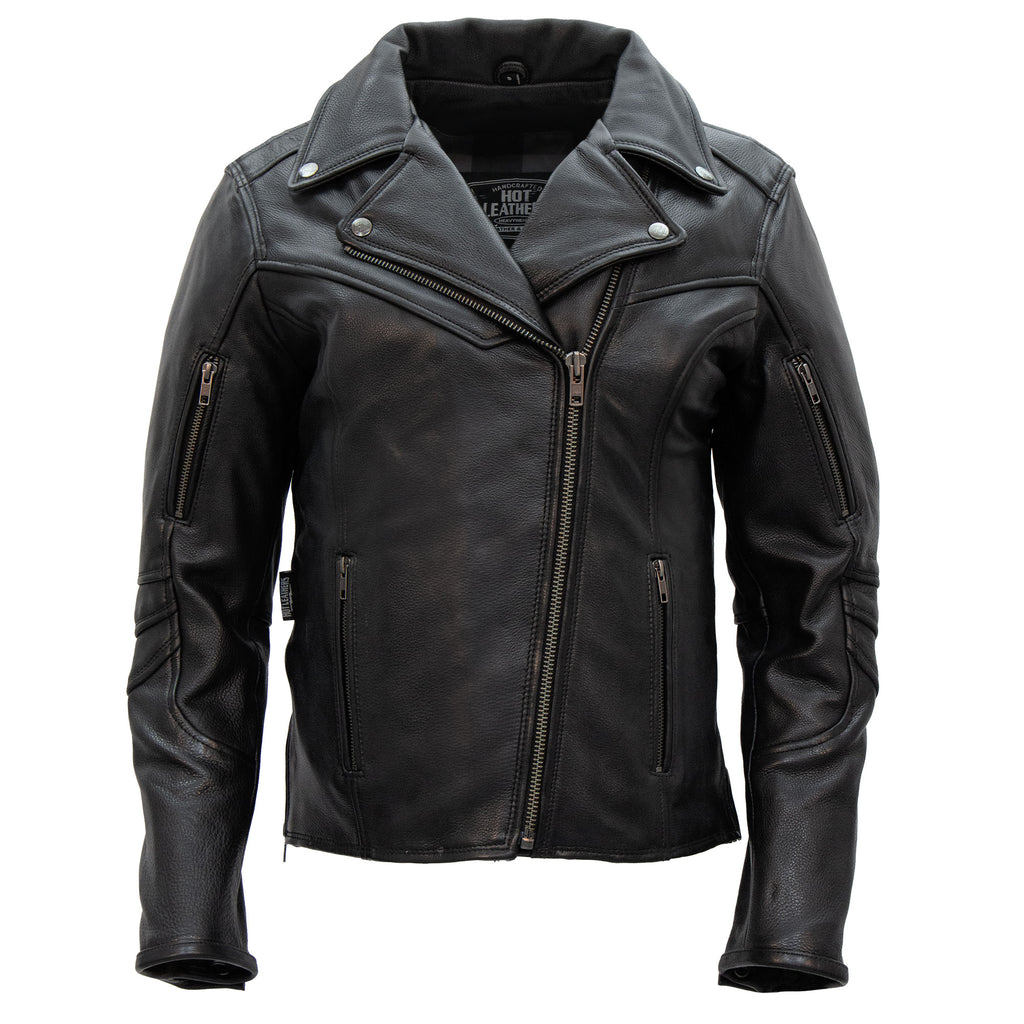 Hot Leathers JKL1034 Ladies Biker Black Leather Motorcycle Jacket with Plaid Flannel Lining