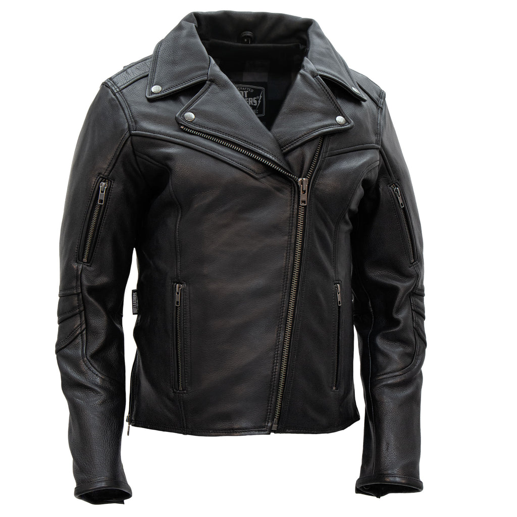 Hot Leathers JKL1034 Ladies Biker Black Leather Motorcycle Jacket with Plaid Flannel Lining