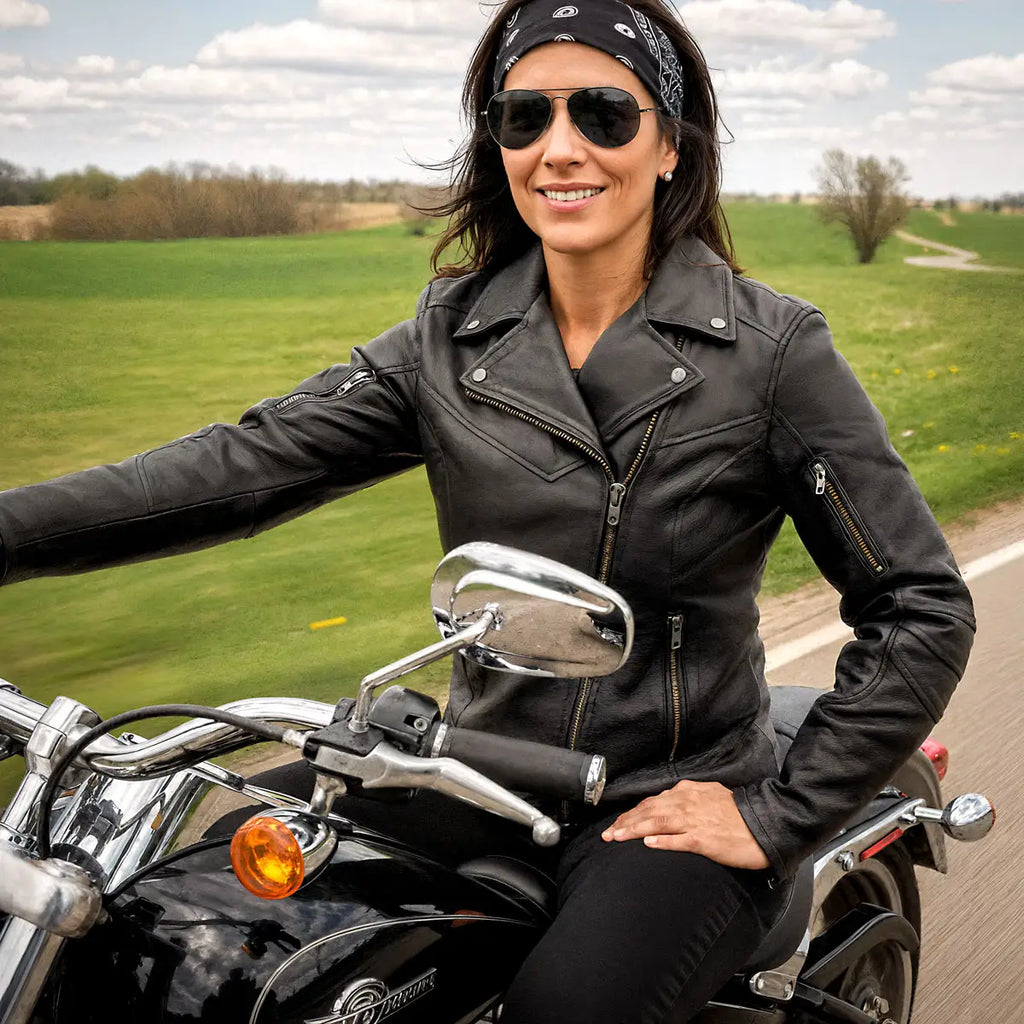 Hot Leathers JKL1034 Ladies Biker Black Leather Motorcycle Jacket with Plaid Flannel Lining