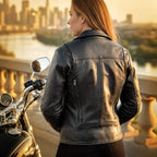 Hot Leathers JKL1034 Ladies Biker Black Leather Motorcycle Jacket with Plaid Flannel Lining
