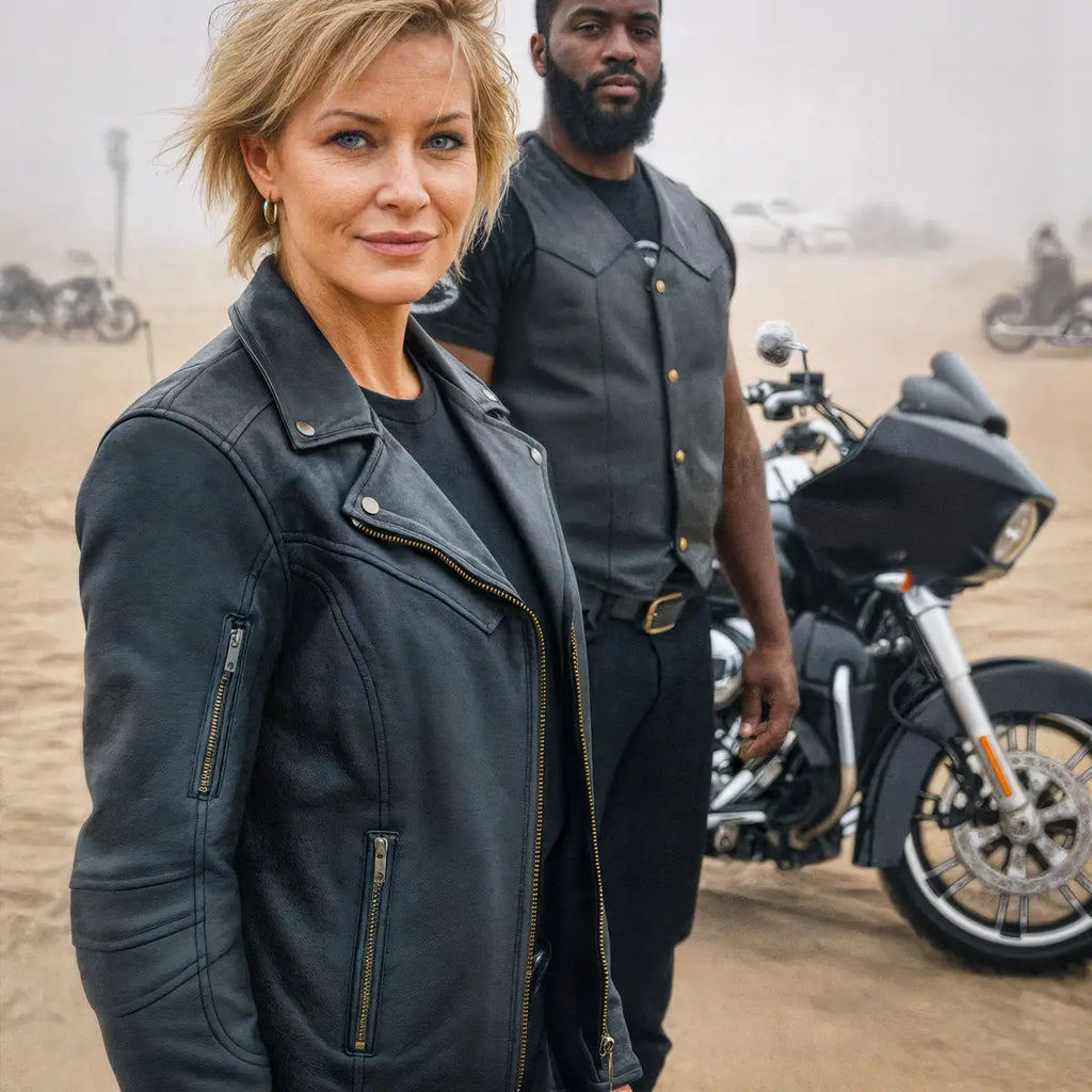 Hot Leathers JKL1034 Ladies Biker Black Leather Motorcycle Jacket with Plaid Flannel Lining