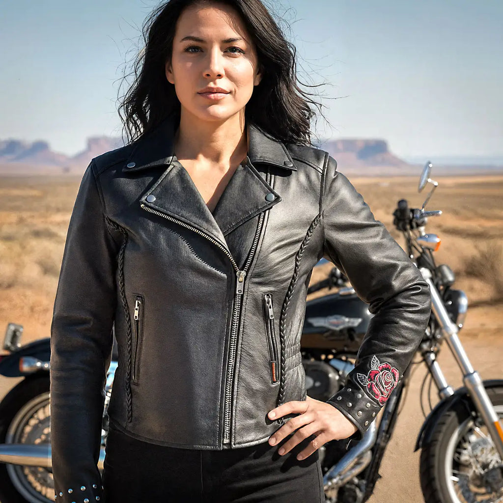 Hot Leathers JKL2001 Ladies Black Braided Motorcycle Leather Biker Jacket with Embroidered Bling Rose Design