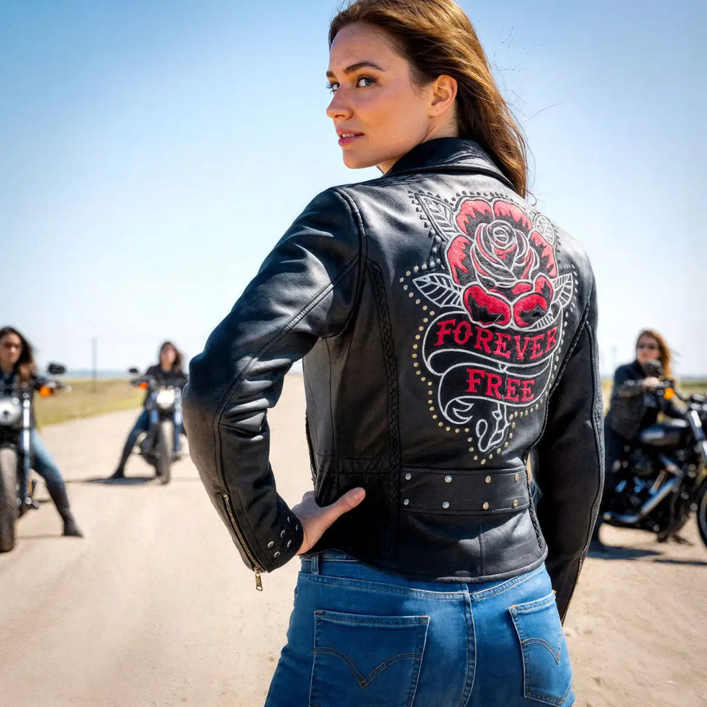 Hot Leathers JKL2001 Ladies Black Braided Motorcycle Leather Biker Jacket with Embroidered Bling Rose Design