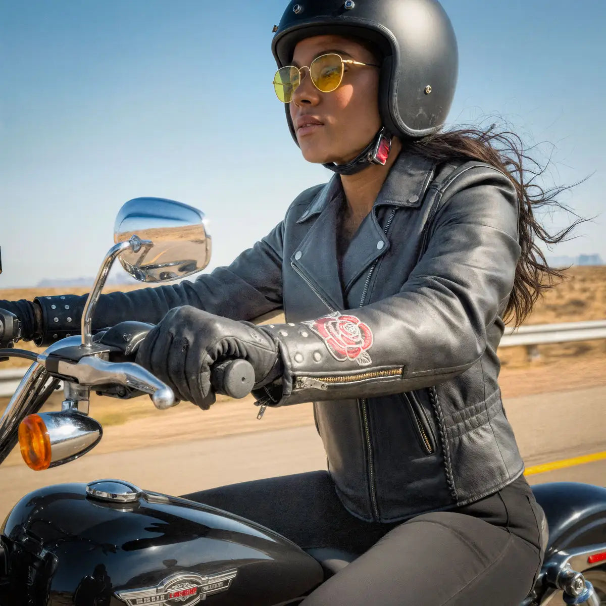 Hot Leathers JKL2001 Ladies Black Braided Motorcycle Leather Biker Jacket with Embroidered Bling Rose Design