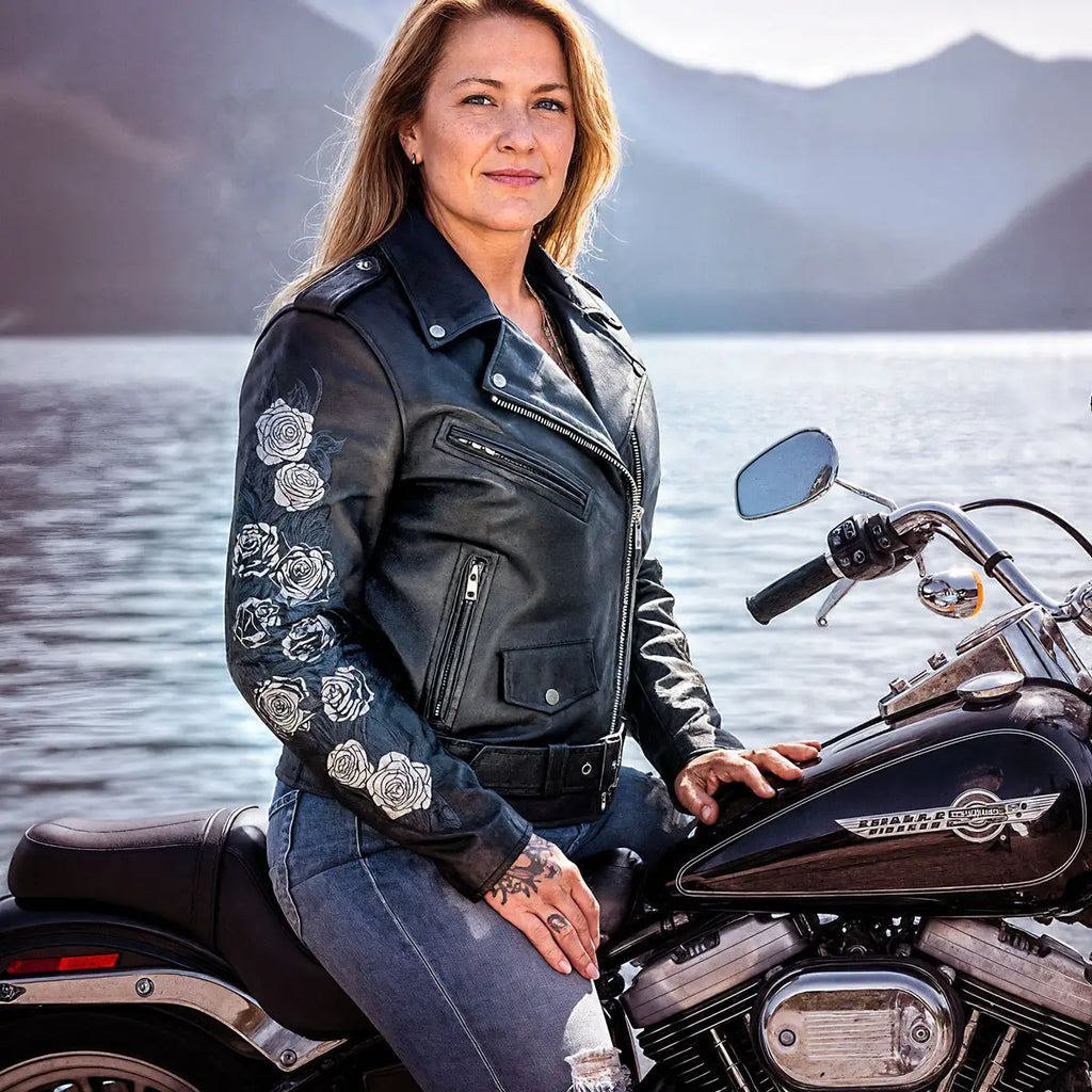 Hot Leathers Rose Embroidered Ladies Motorcycle Style Leather Jacket