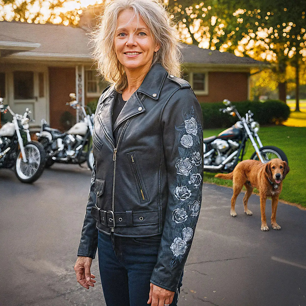 Hot Leathers Rose Embroidered Ladies Motorcycle Style Leather Jacket