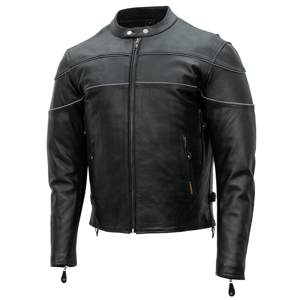Hot Leathers JKM1004 Men's Leather Motorcycle Vented Scooter Biker Jacket with Reflective Piping