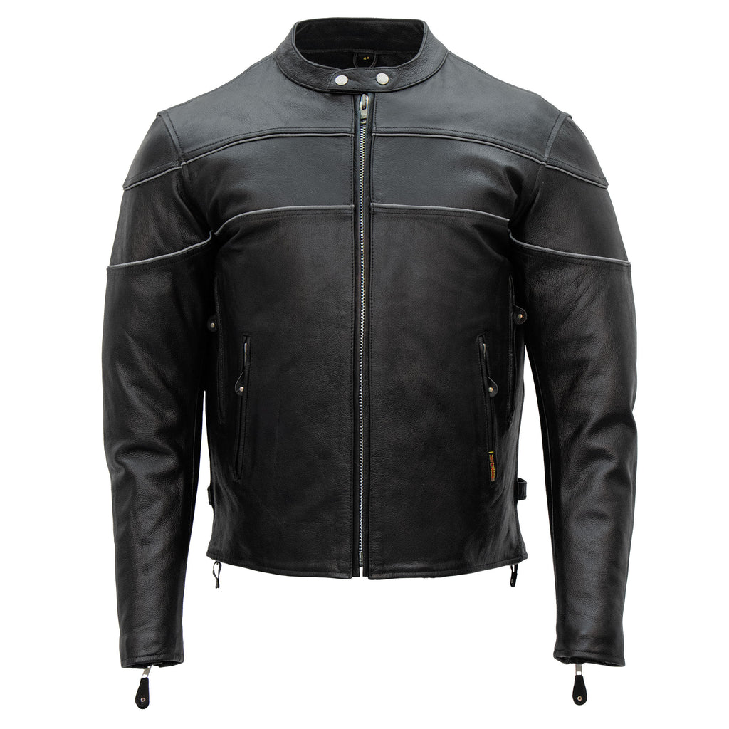 Hot Leathers JKM1004 Men's Leather Motorcycle Vented Scooter Biker Jacket with Reflective Piping