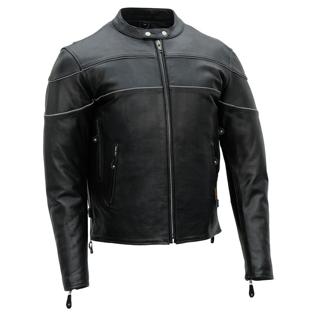 Hot Leathers JKM1004 Men's Leather Motorcycle Vented Scooter Biker Jacket with Reflective Piping