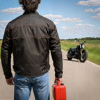 Hot Leathers JKM1026 Men’s Black Motorcycle style Nylon Biker Jacket with Orange Reflective Trim