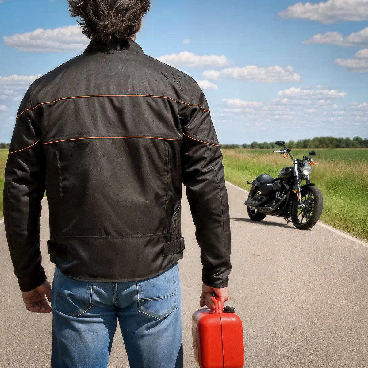 Hot Leathers JKM1026 Men’s Black Motorcycle style Nylon Biker Jacket with Orange Reflective Trim