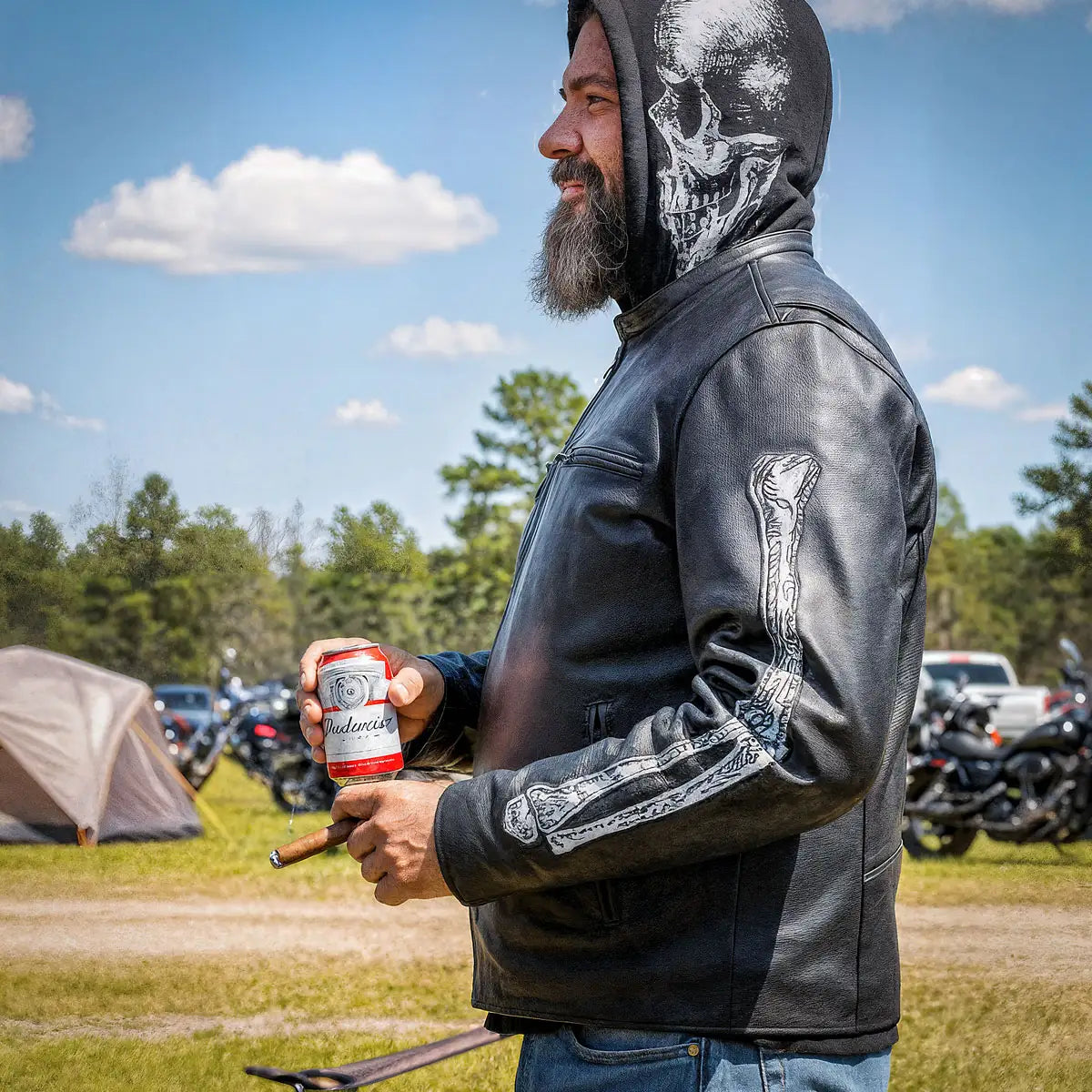 Hot Leathers JKM1031 Men’s Biker  ‘Skull and Bones’ Leather Motorcycle Jacket with Flannel Lining