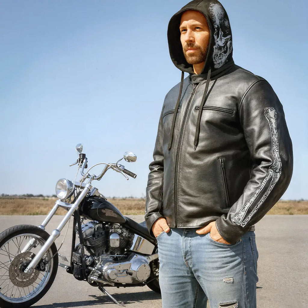Hot Leathers JKM1031 Men’s Biker  ‘Skull and Bones’ Leather Motorcycle Jacket with Flannel Lining