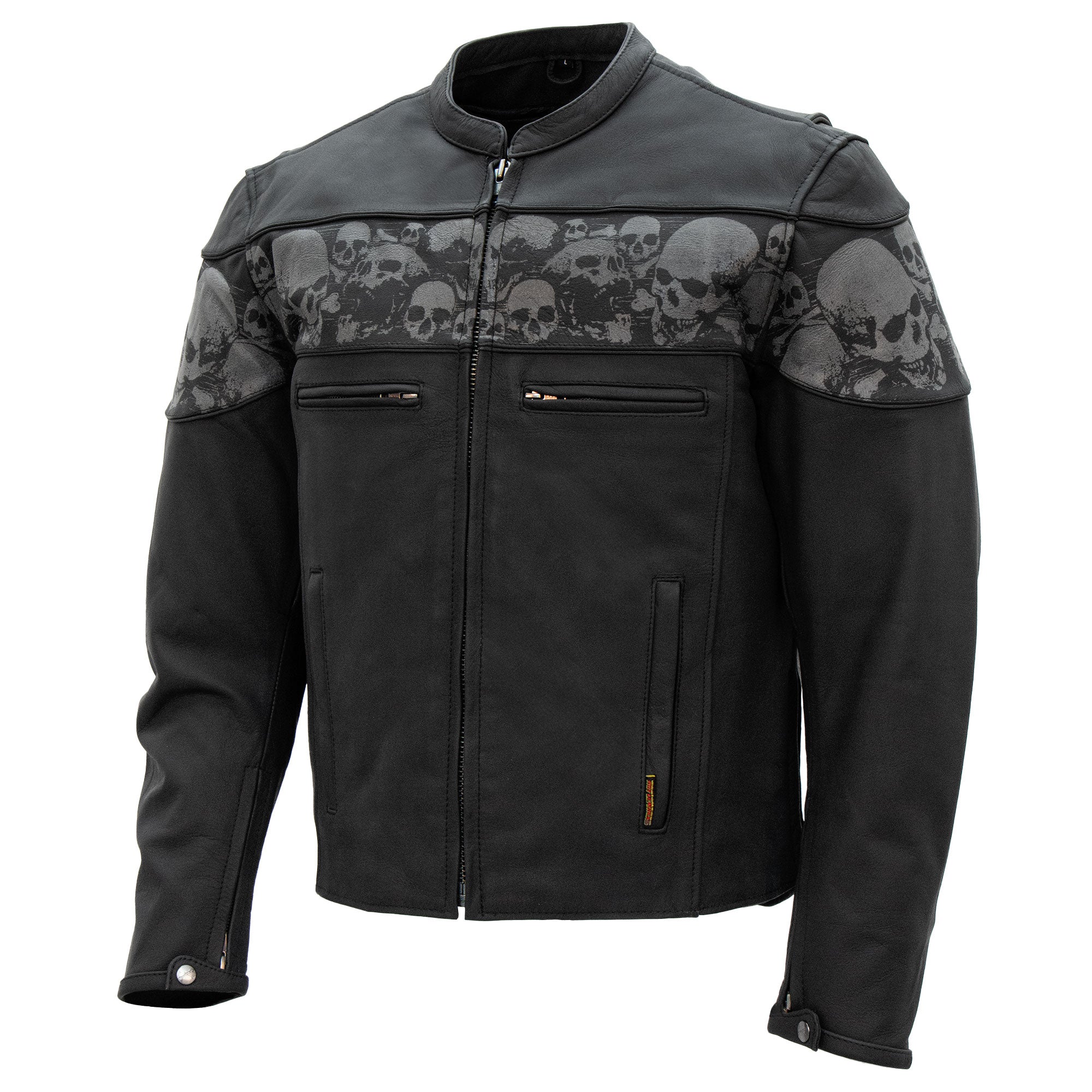Hot Leathers JKM2002 Men’s Black Biker ‘Reflective Skull' Printed Leather Motorcycle Jacket with Concealed Carry Pockets