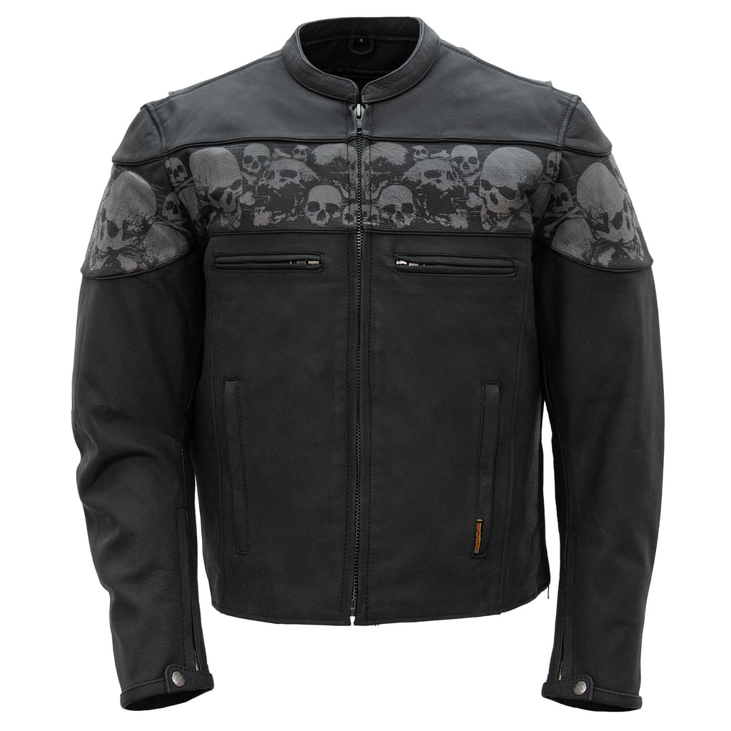 Hot Leathers JKM2002 Men’s Black Biker ‘Reflective Skull' Printed Leather Motorcycle Jacket with Concealed Carry Pockets