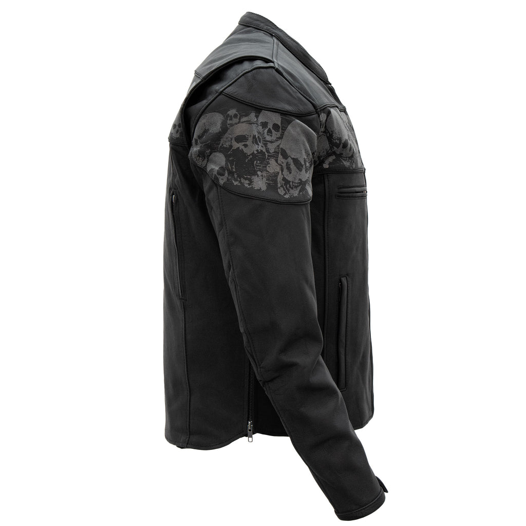 Hot Leathers JKM2002 Men’s Black Biker ‘Reflective Skull' Printed Leather Motorcycle Jacket with Concealed Carry Pockets