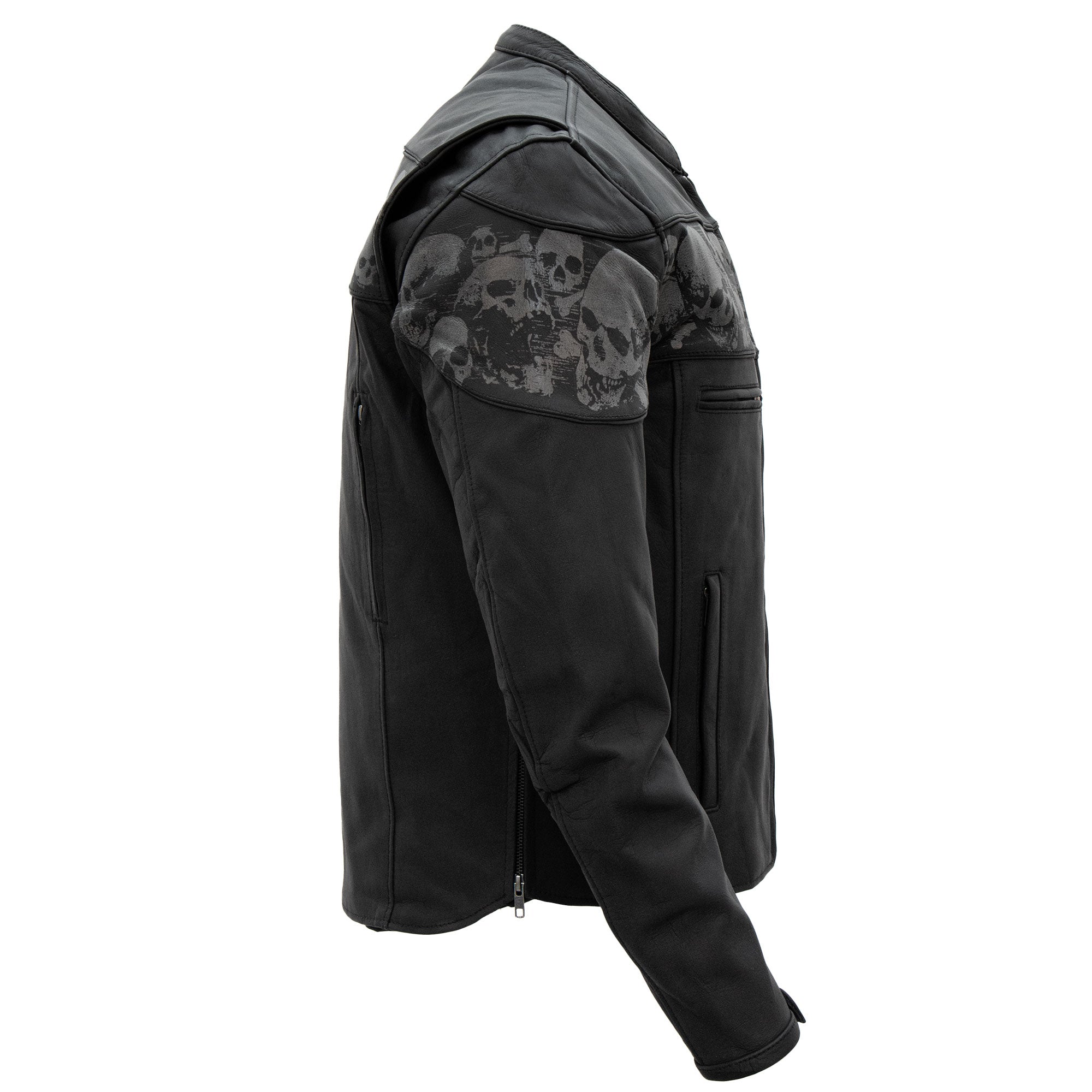 Hot Leathers JKM2002 Men’s Black Biker ‘Reflective Skull' Printed Leather Motorcycle Jacket with Concealed Carry Pockets
