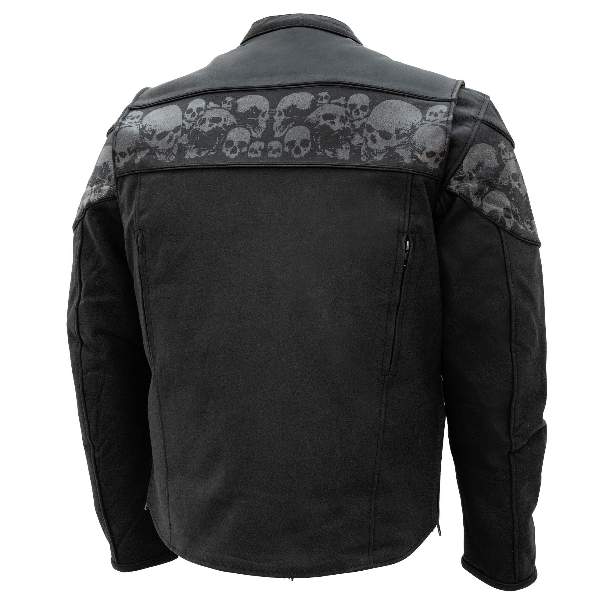Hot Leathers JKM2002 Men’s Black Biker ‘Reflective Skull' Printed Leather Motorcycle Jacket with Concealed Carry Pockets