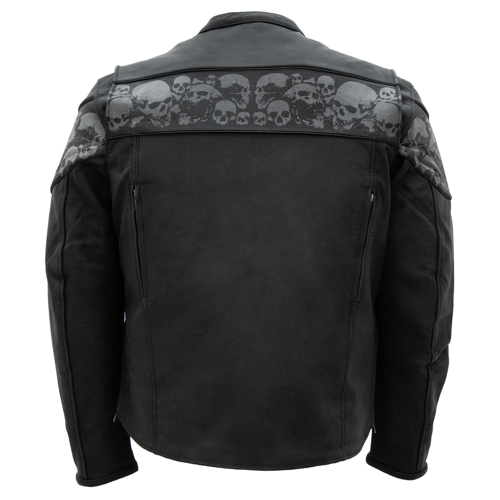 Hot Leathers JKM2002 Men’s Black Biker ‘Reflective Skull' Printed Leather Motorcycle Jacket with Concealed Carry Pockets