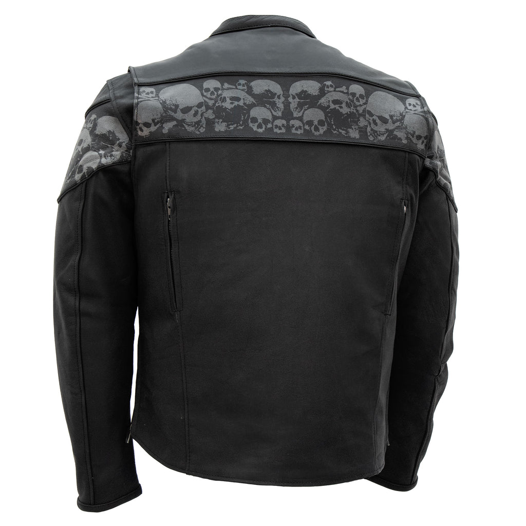 Hot Leathers JKM2002 Men’s Black Biker ‘Reflective Skull' Printed Leather Motorcycle Jacket with Concealed Carry Pockets