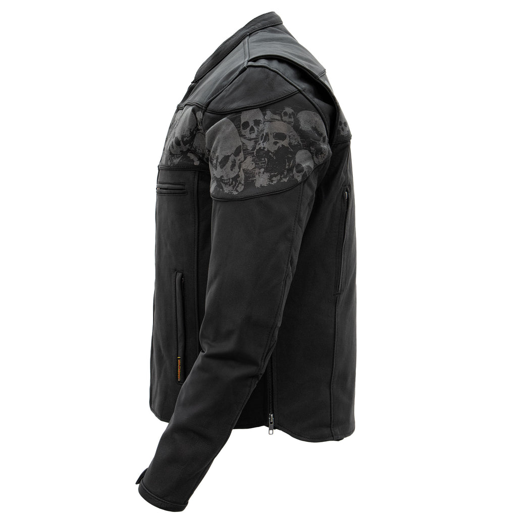 Hot Leathers JKM2002 Men’s Black Biker ‘Reflective Skull' Printed Leather Motorcycle Jacket with Concealed Carry Pockets