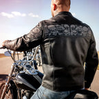 Hot Leathers JKM2002 Men’s Black Biker ‘Reflective Skull' Printed Leather Motorcycle Jacket with Concealed Carry Pockets