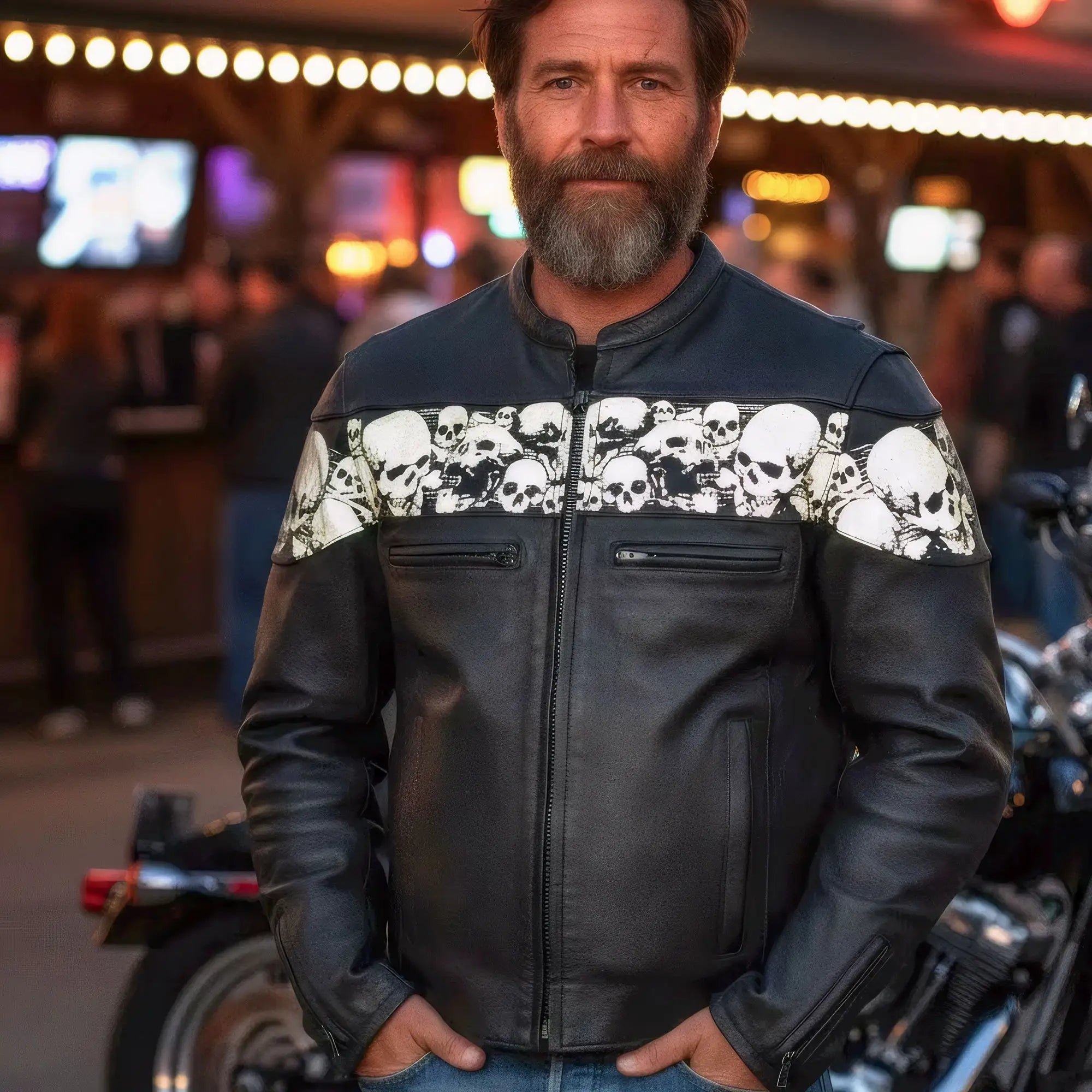 Hot Leathers JKM2002 Men’s Black Biker ‘Reflective Skull' Printed Leather Motorcycle Jacket with Concealed Carry Pockets