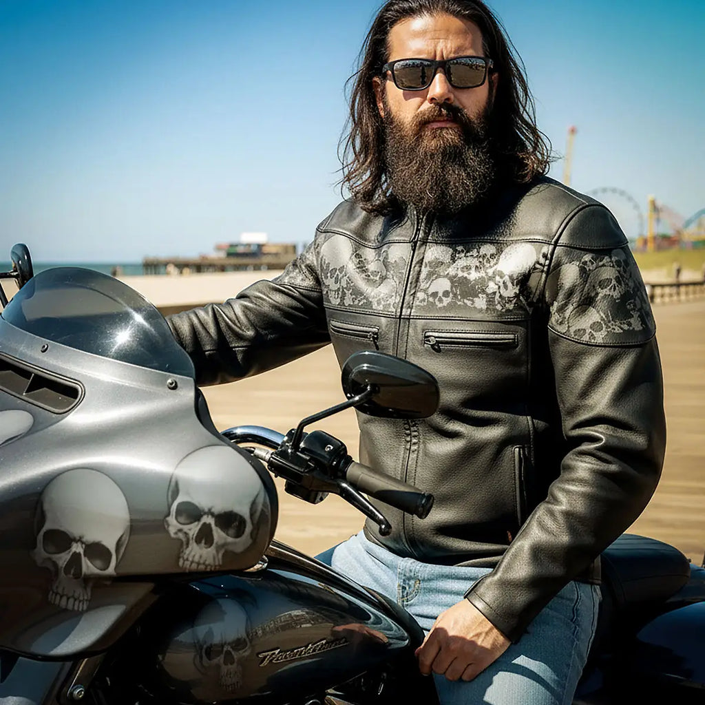 Hot Leathers JKM2002 Men’s Black Biker ‘Reflective Skull' Printed Leather Motorcycle Jacket with Concealed Carry Pockets