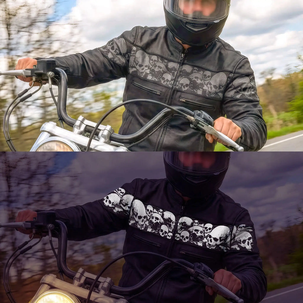 Hot Leathers JKM2002 Men’s Black Biker ‘Reflective Skull' Printed Leather Motorcycle Jacket with Concealed Carry Pockets