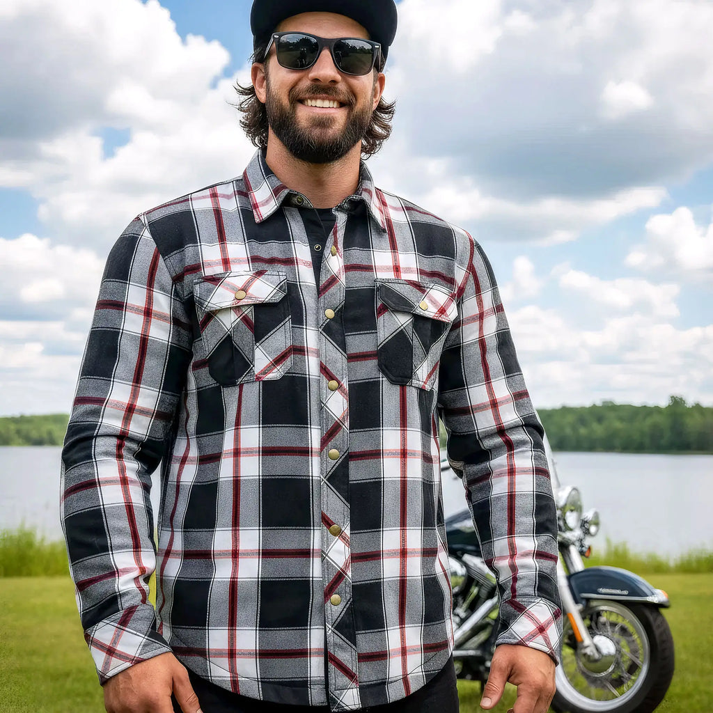Hot Leathers JKM3001 Men's Motorcycle Red and White Armored Flannel Biker Jacket