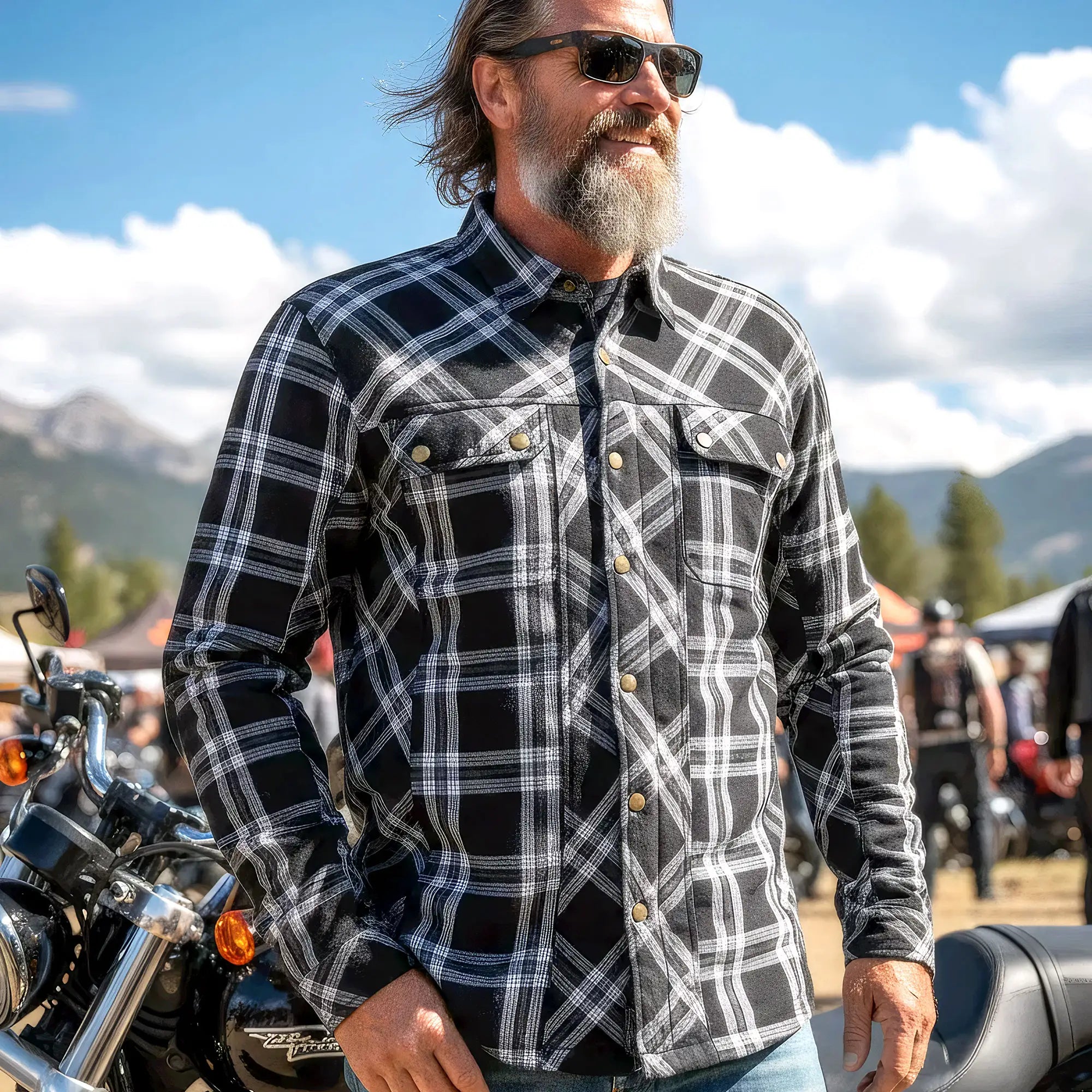 Hot Leathers JKM3002 Men's Motorcycle Black and White Armored Flannel Biker Jacket