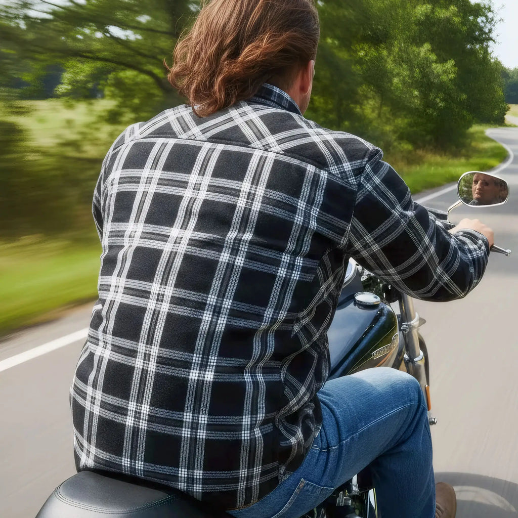 Hot Leathers JKM3002 Men's Motorcycle Black and White Armored Flannel Biker Jacket