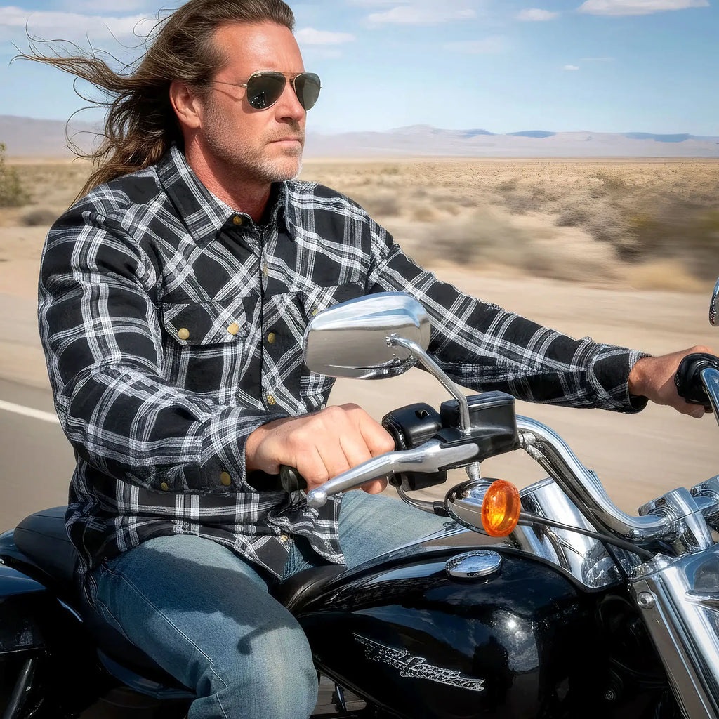 Hot Leathers JKM3002 Men's Motorcycle Black and White Armored Flannel Biker Jacket