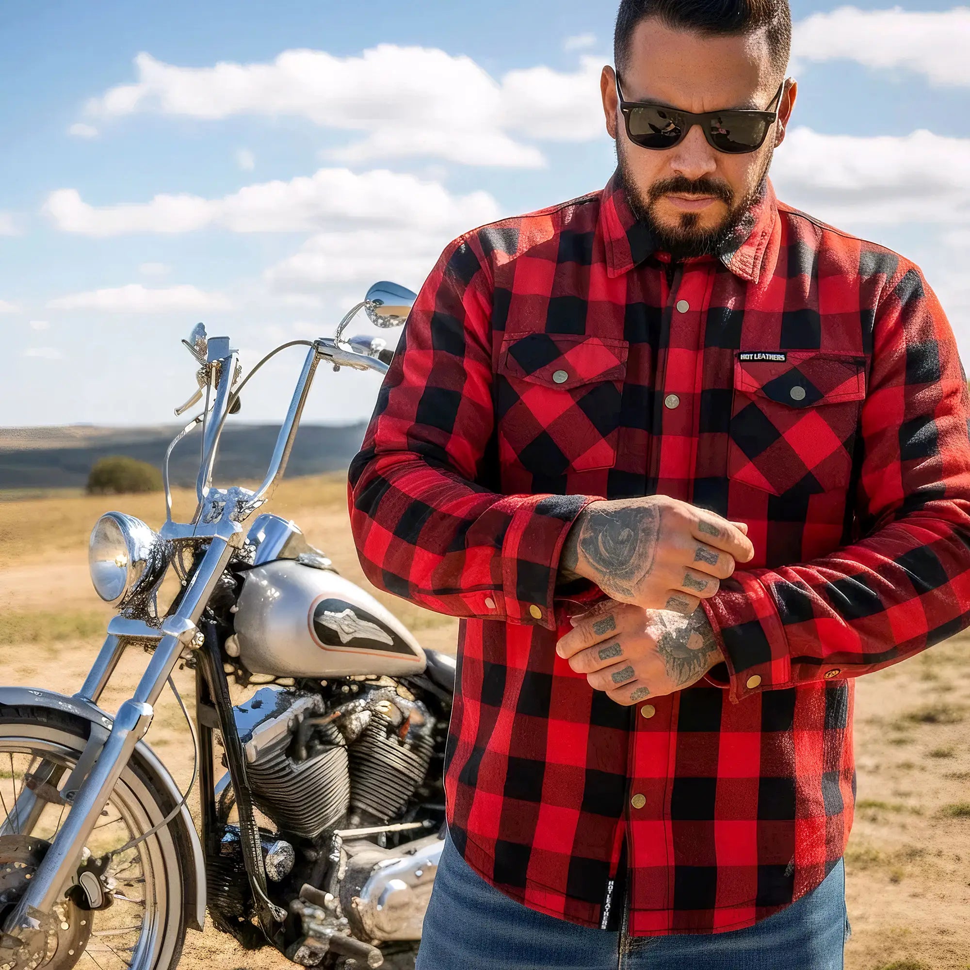 Hot Leathers JKM3003 Men's Motorcycle Red and Black Armored Flannel Biker Jacket