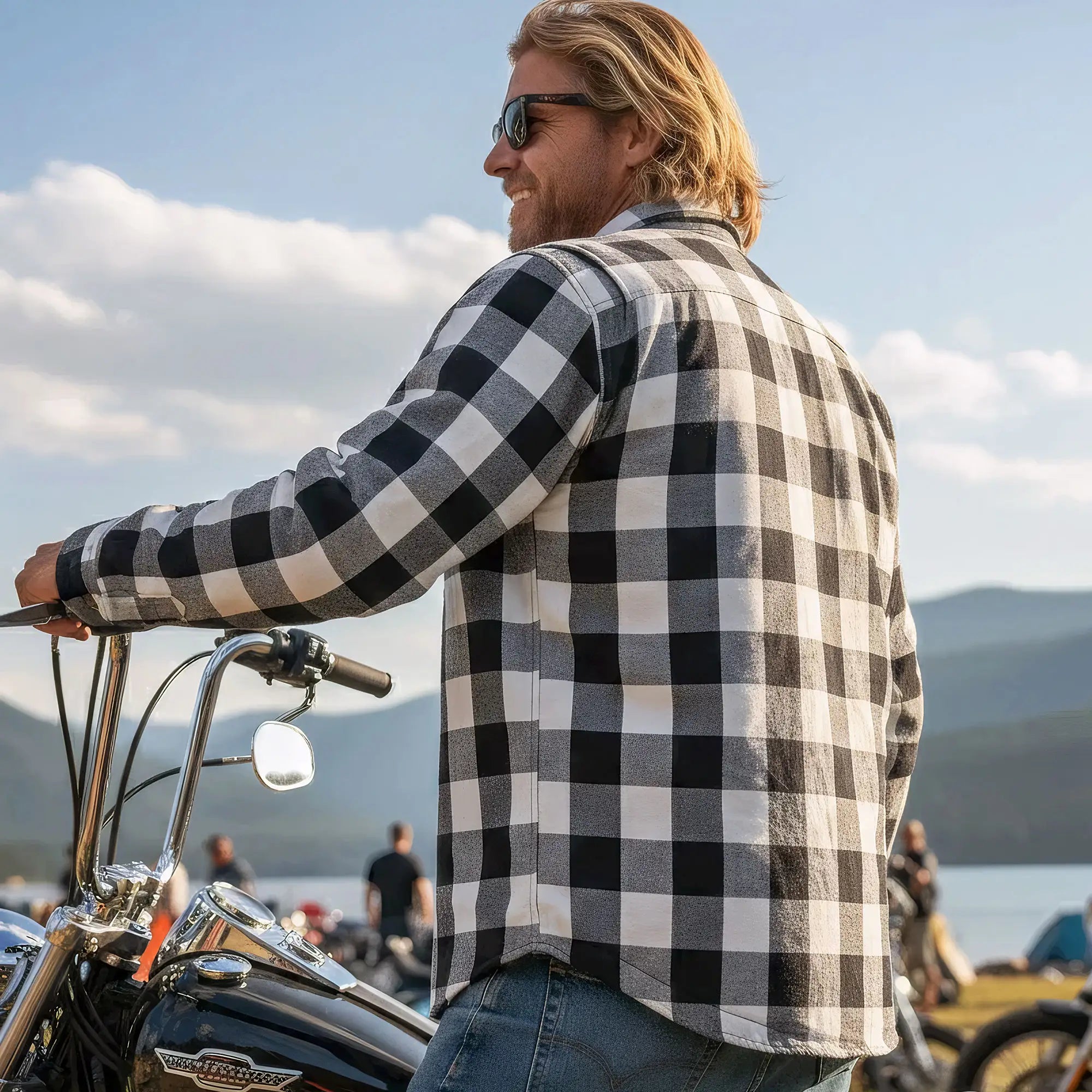 Hot Leathers JKM3005 Men's Motorcycle White and Black Armored Flannel Biker Jacket