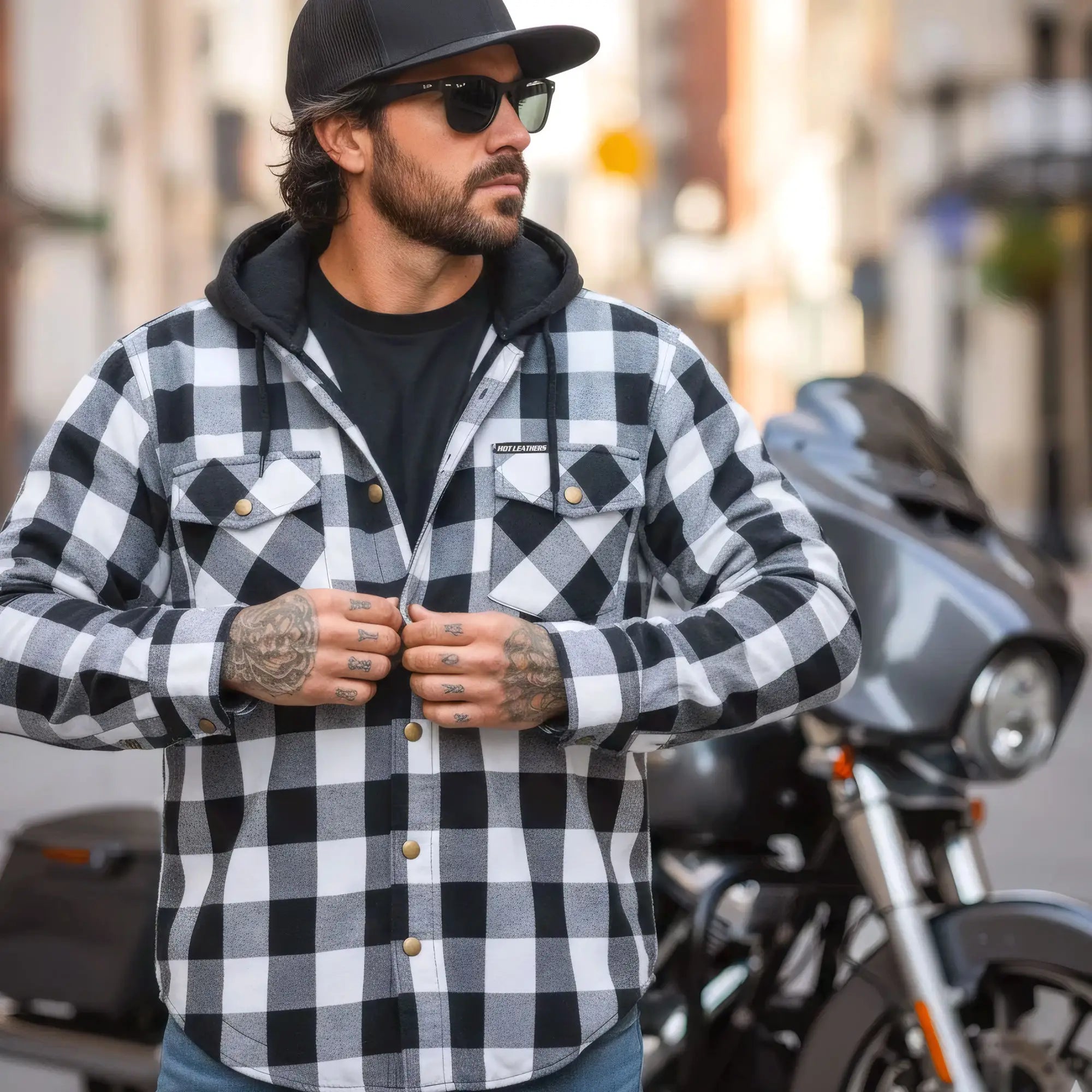 Hot Leathers JKM3006 Men’s Motorcycle Black and White Hooded Armored Flannel Biker Jacket