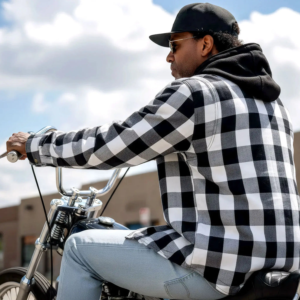 Hot Leathers JKM3006 Men’s Motorcycle Black and White Hooded Armored Flannel Biker Jacket