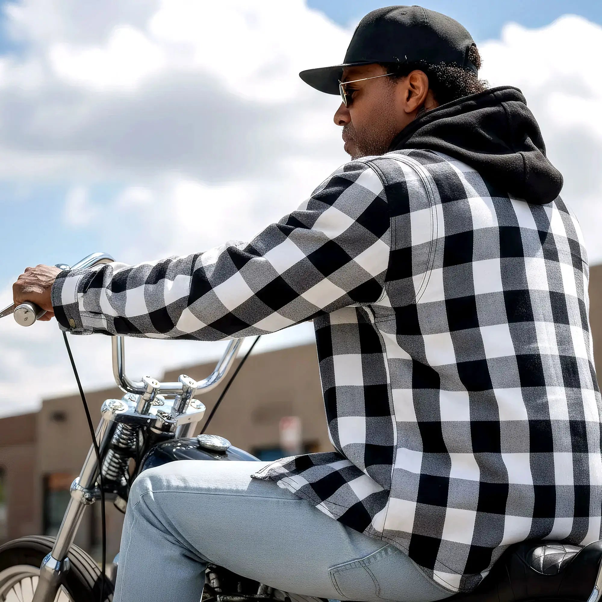 Hot Leathers JKM3006 Men’s Motorcycle Black and White Hooded Armored Flannel Biker Jacket