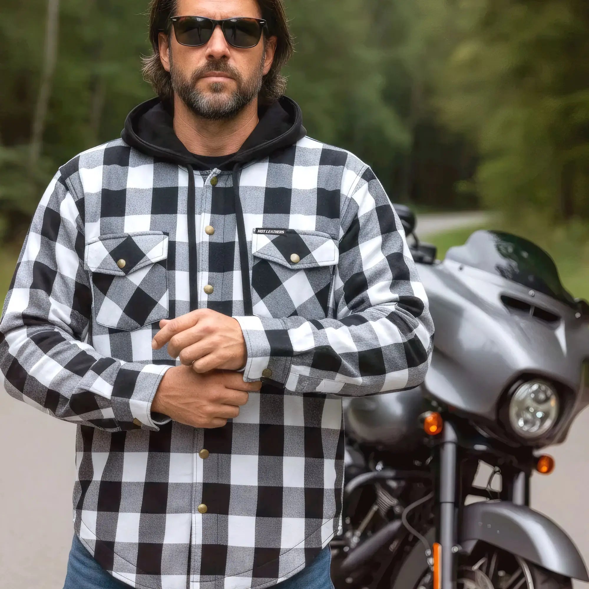 Hot Leathers JKM3006 Men’s Motorcycle Black and White Hooded Armored Flannel Biker Jacket