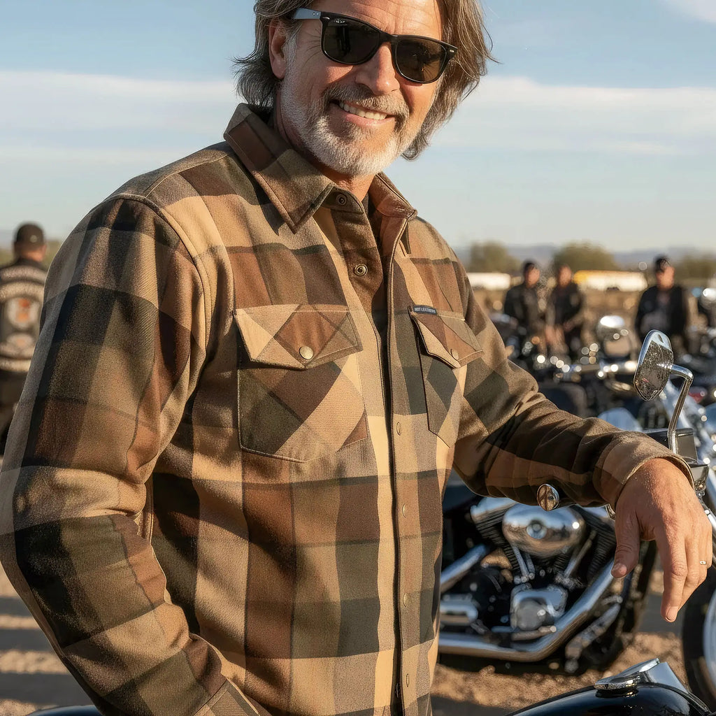 Hot Leathers JKM3007 Men's Motorcycle Black and Brown Armored Flannel Biker Shirt