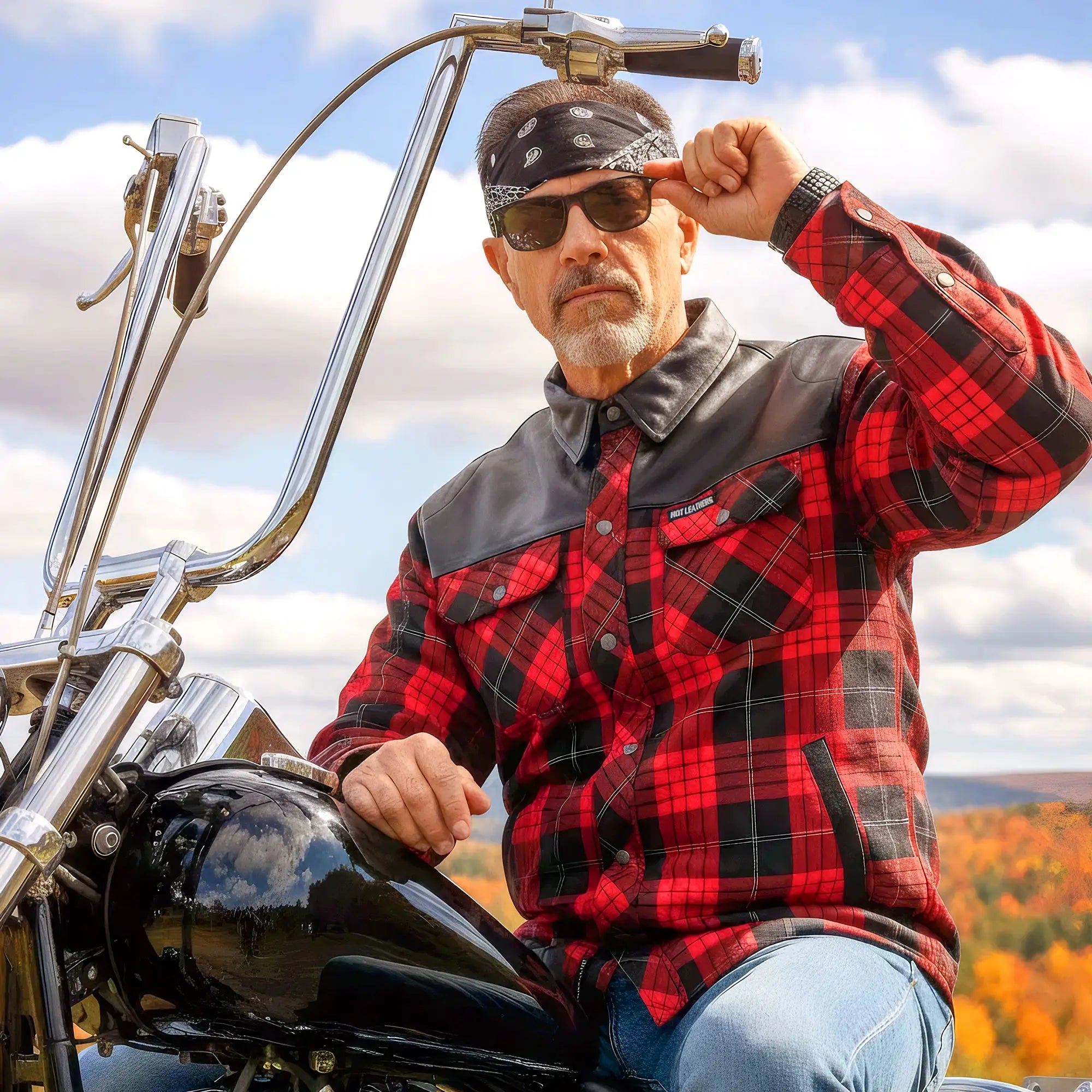 Hot Leathers JKM3201 Men's Motorcycle style Red and Black Reinforced Leather and Plaid Flannel Biker Shirt