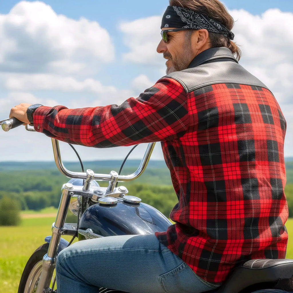 Hot Leathers JKM3201 Men's Motorcycle style Red and Black Reinforced Leather and Plaid Flannel Biker Shirt
