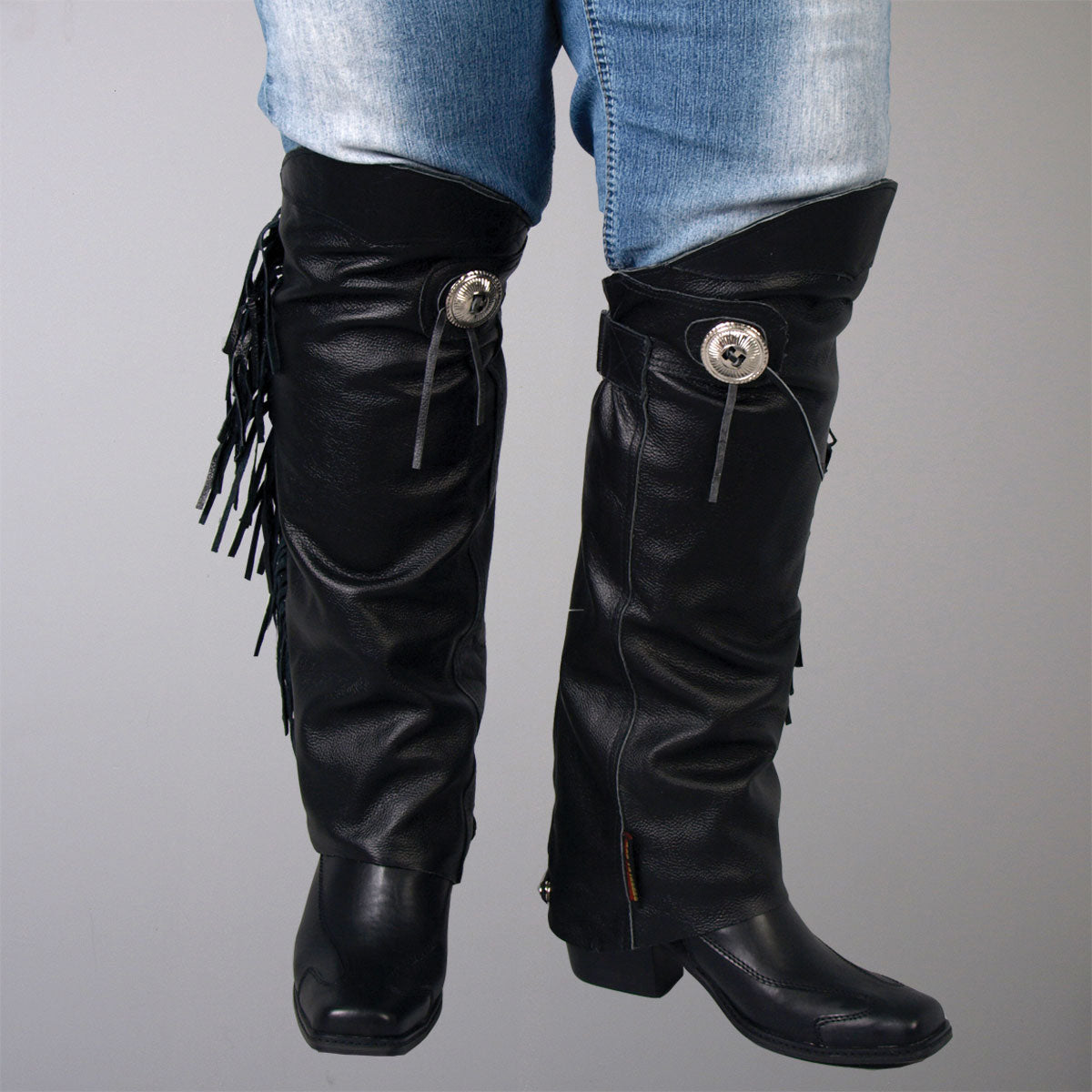 Hot Leathers Unisex Black Concho with Fringe Leather Half Chaps Leg Warmers LCU1001