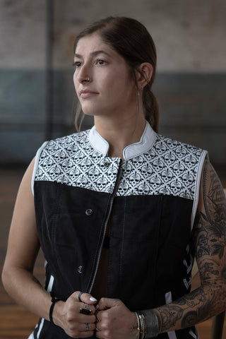 Milwaukee Leather MDL4050 Women's 'Skelly' Black with White Motorcycle Denim Vest w/ Skull Embroidery