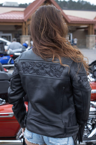 Milwaukee Leather MLL2540 Women's Crossover Black Leather Scooter Jacket w/ Reflective Skull Graphic