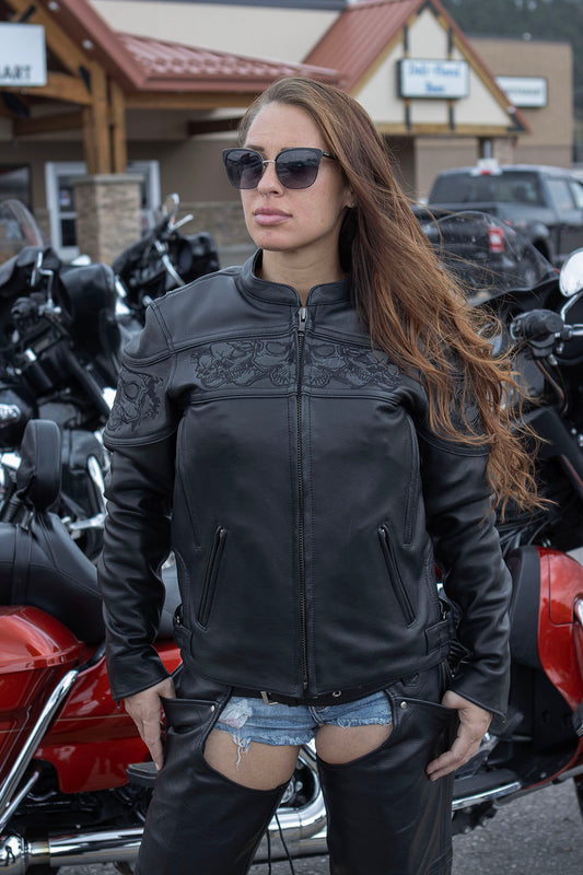 Milwaukee Leather MLL2540 Women's Crossover Black Leather Scooter Jacket w/ Reflective Skull Graphic