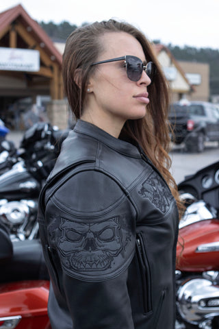 Milwaukee Leather MLL2540 Women's Crossover Black Leather Scooter Jacket w/ Reflective Skull Graphic